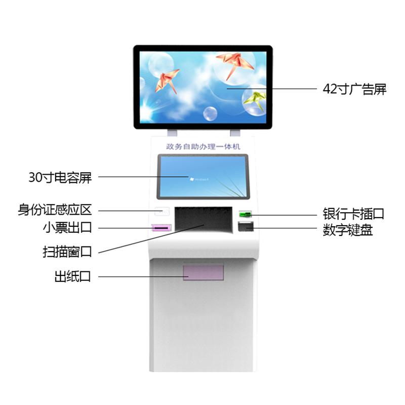 42寸广告屏\30寸电容屏\身份证感应区\扫描窗口\银行卡插口\数字键盘